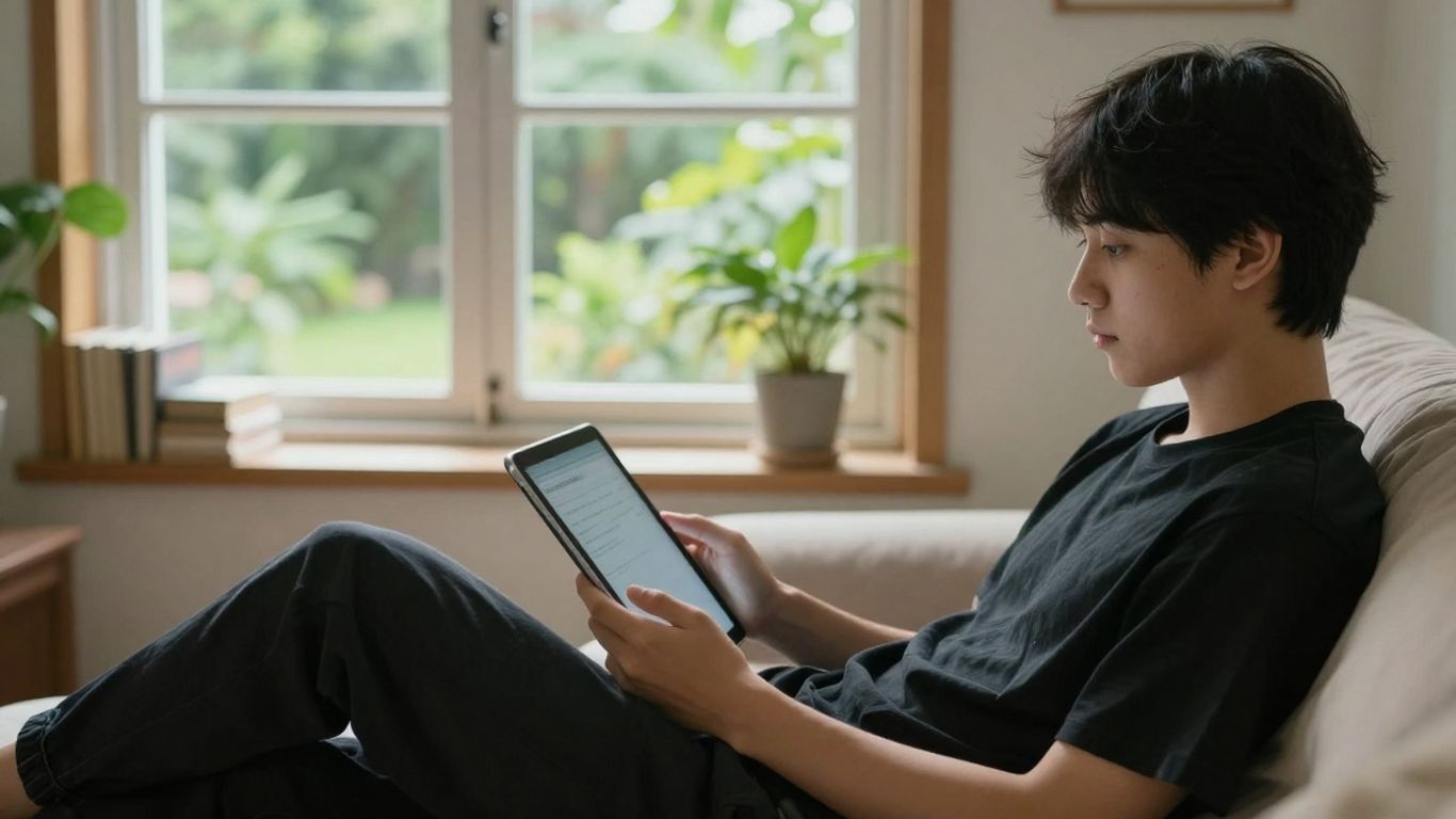 Tânăr relaxat cu tabletă într-un living luminos și verde.