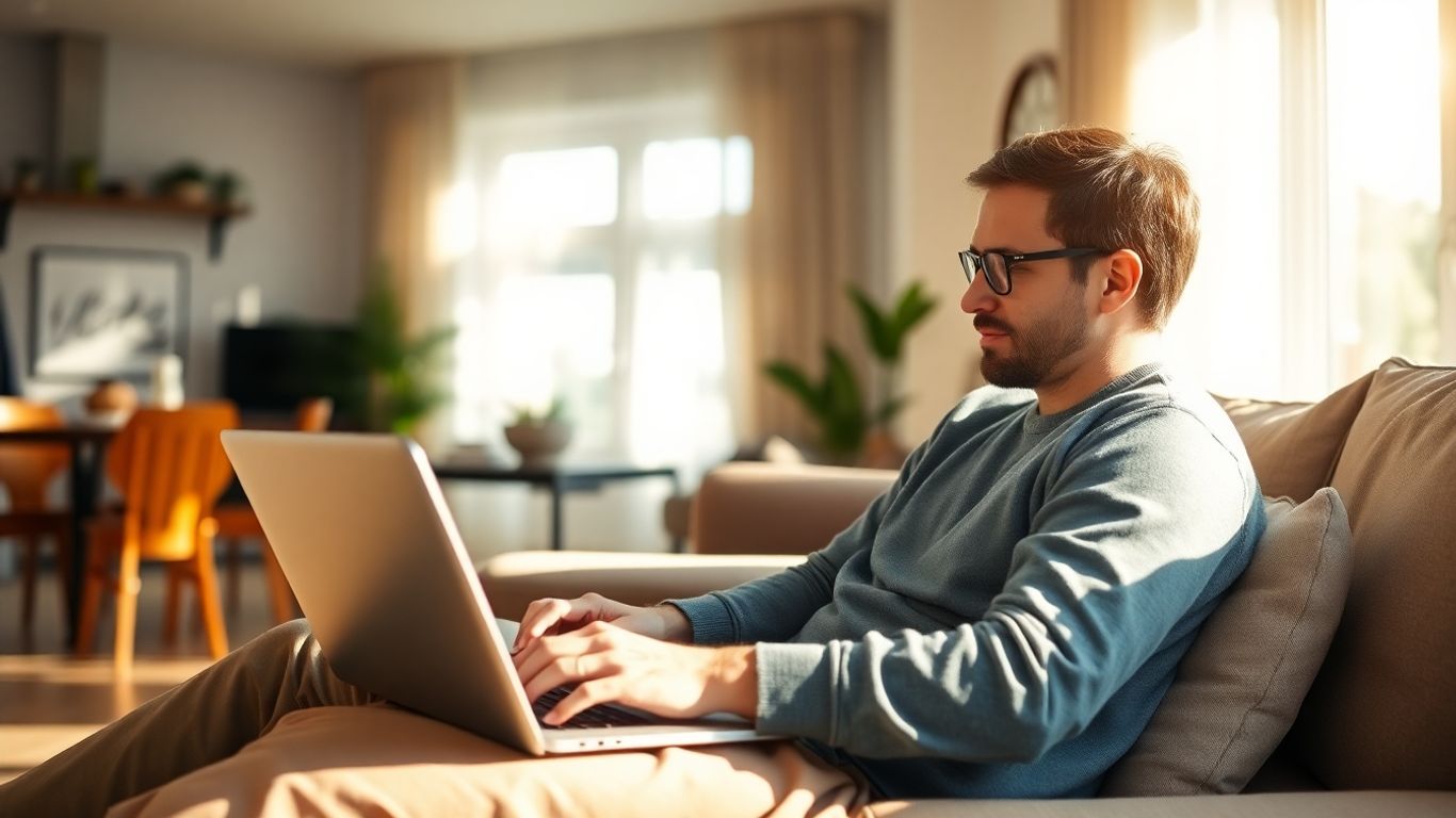 Persona usando una laptop en casa cómodamente.