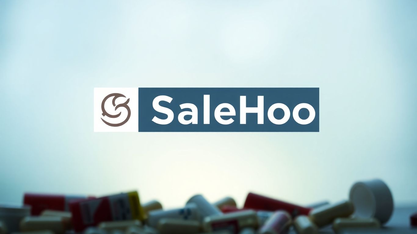 SaleHoo logo with blurred supplement packaging background.