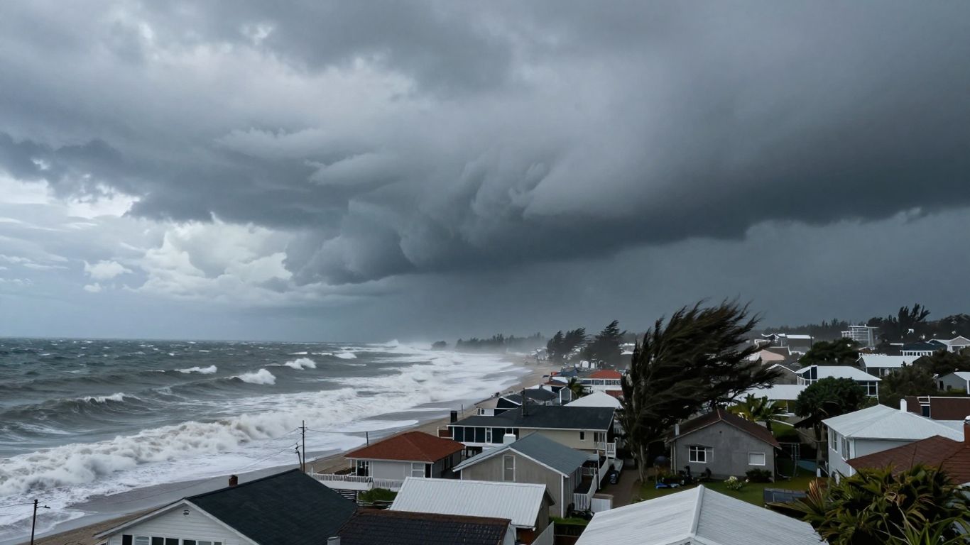 Windstorm hitting a coastal town with strong winds and waves.