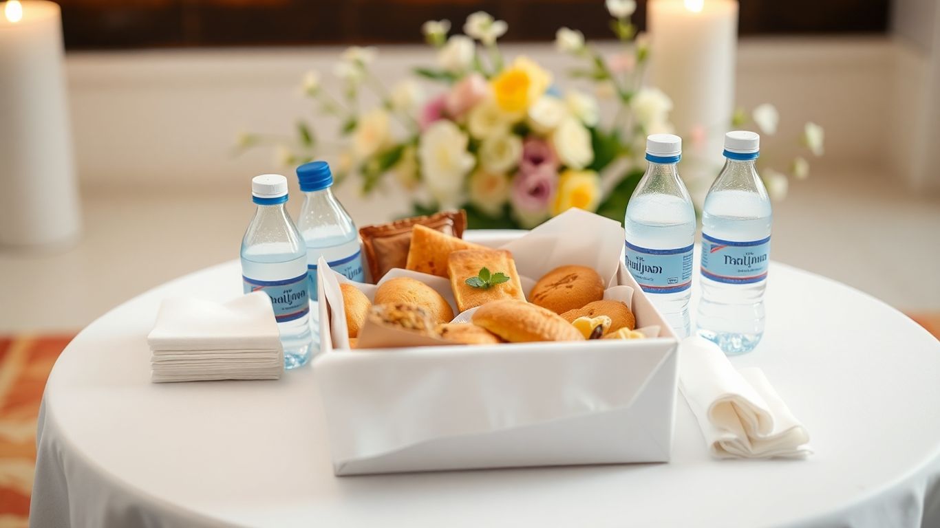 กล่องขนมงานสวดพร้อมขนมไทยบนโต๊ะสีขาว