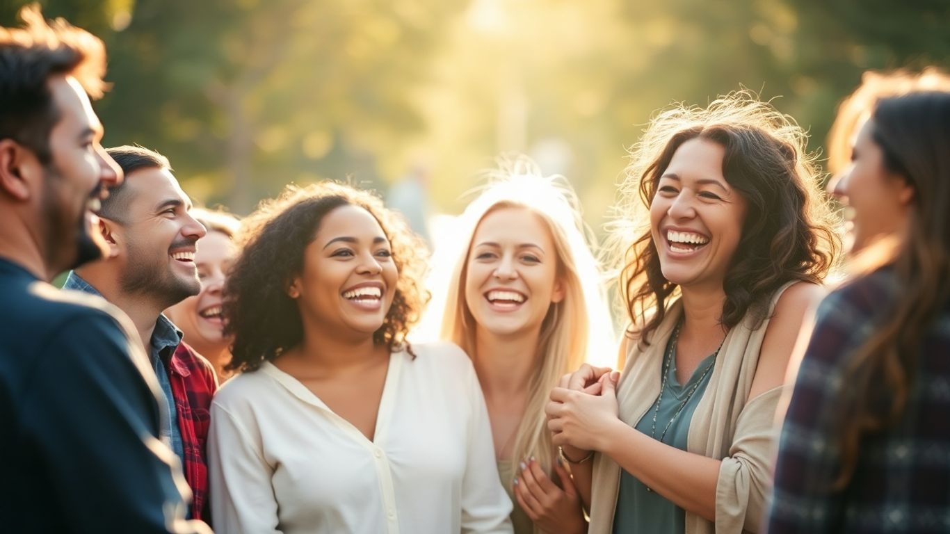 Happy people embracing outdoors, smiling and laughing together.