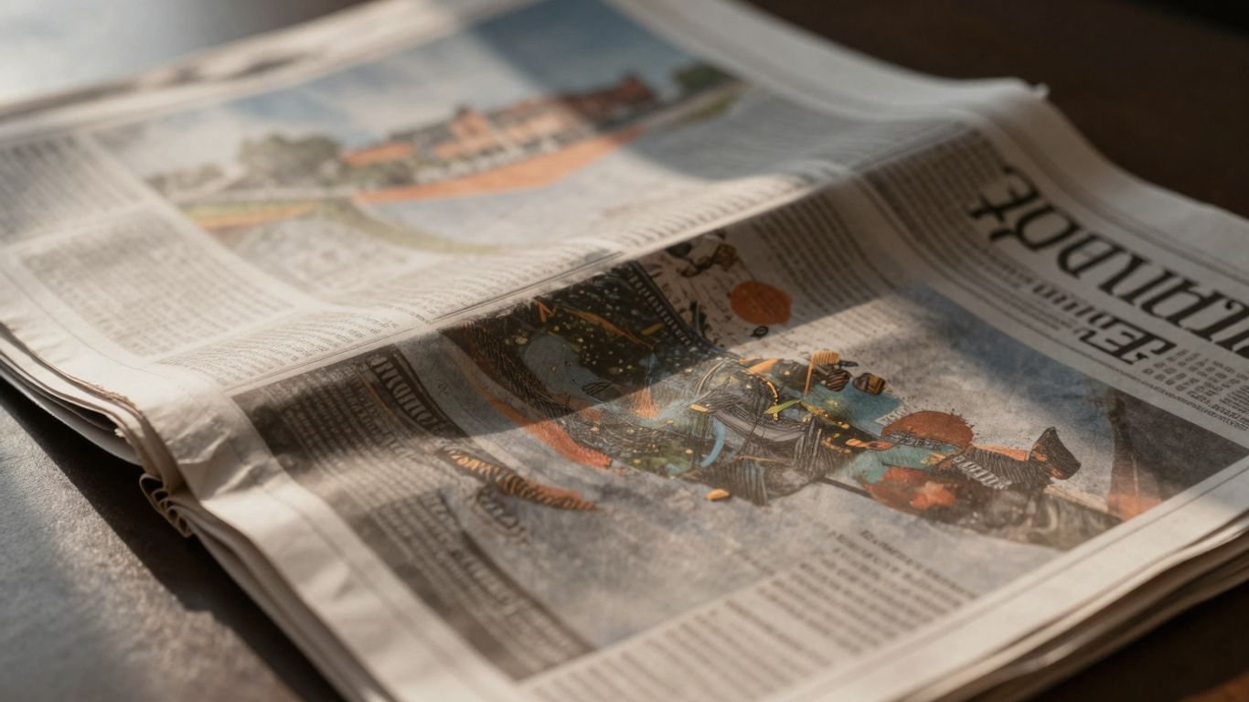 Newspaper with abstract financial imagery in sunlight.