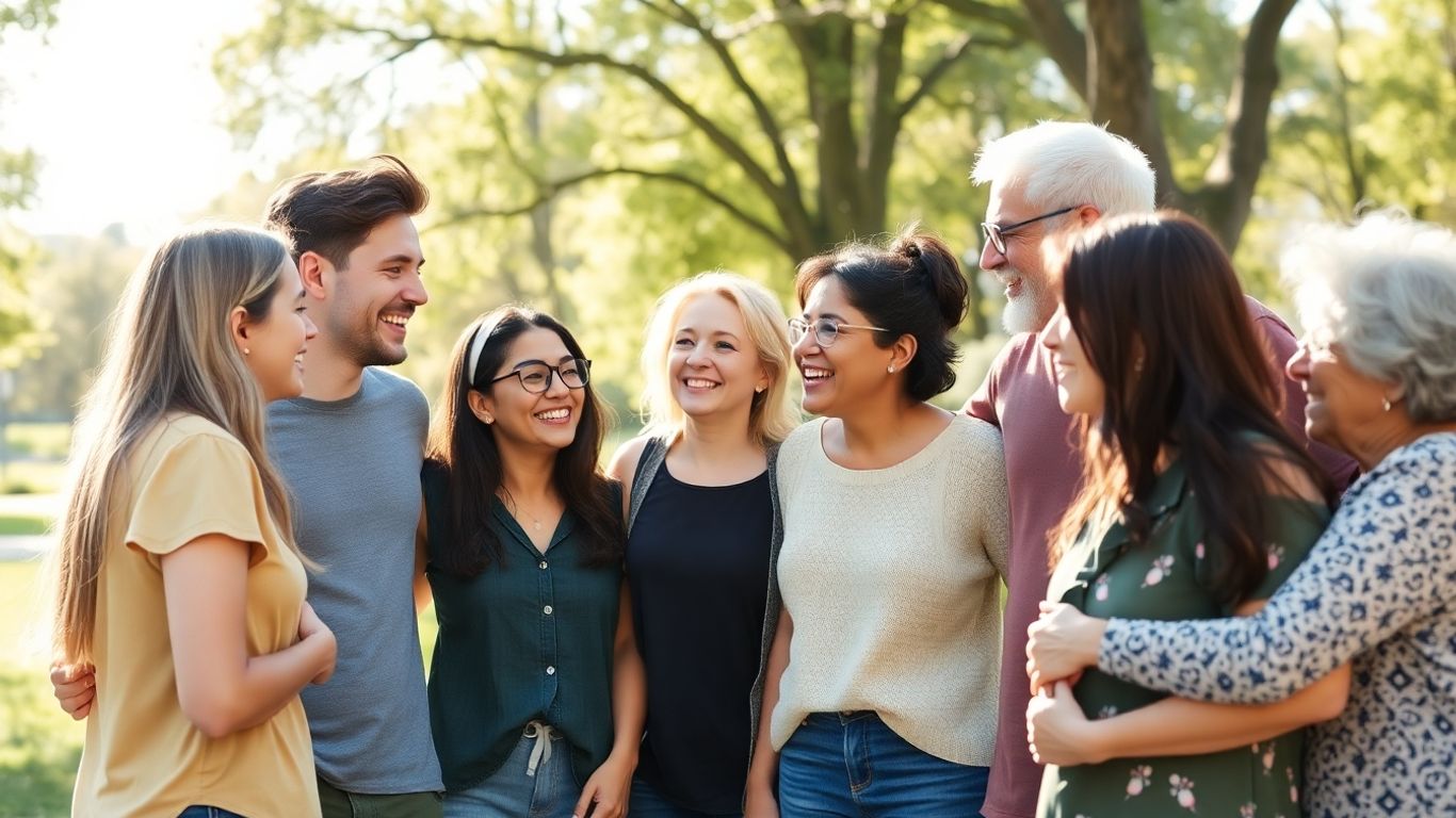 Friends laughing and connecting in a park.