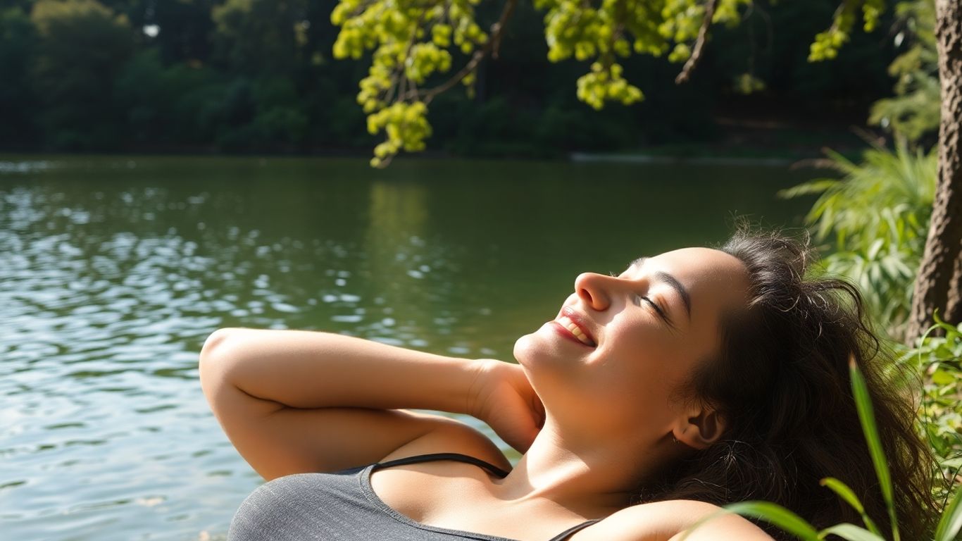 Person relaxing peacefully in a serene natural setting.