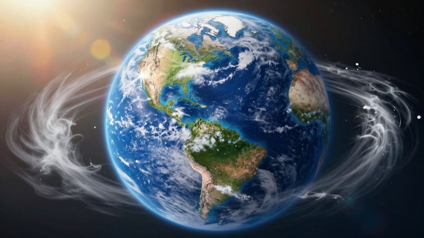 Terre vue de l'espace avec des nuages et le soleil.