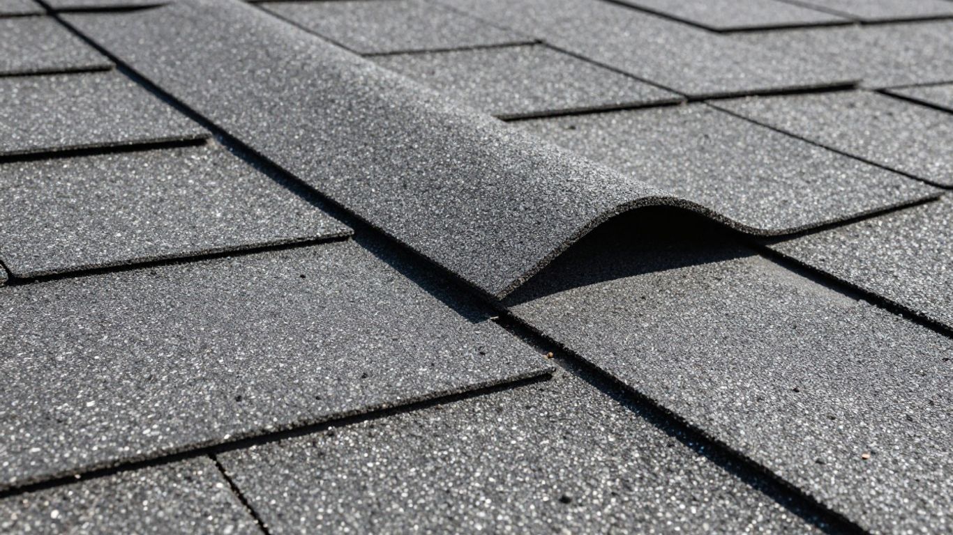 Damaged roof shingles with visible wear and tear.