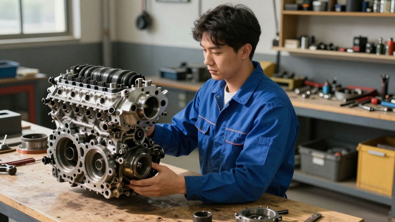 Mechanic holding quality Nissan replacement part in workshop.