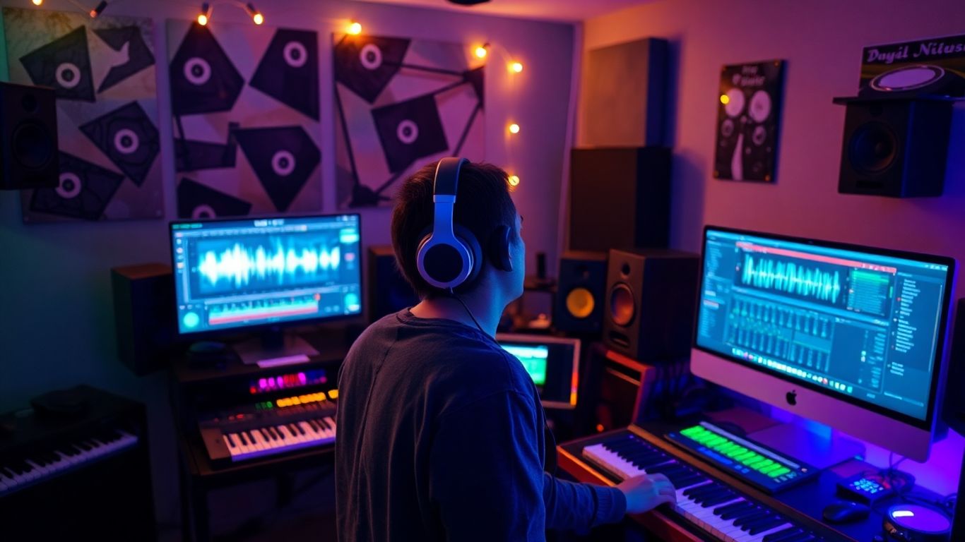 Producer in studio using AI beatmaking software
