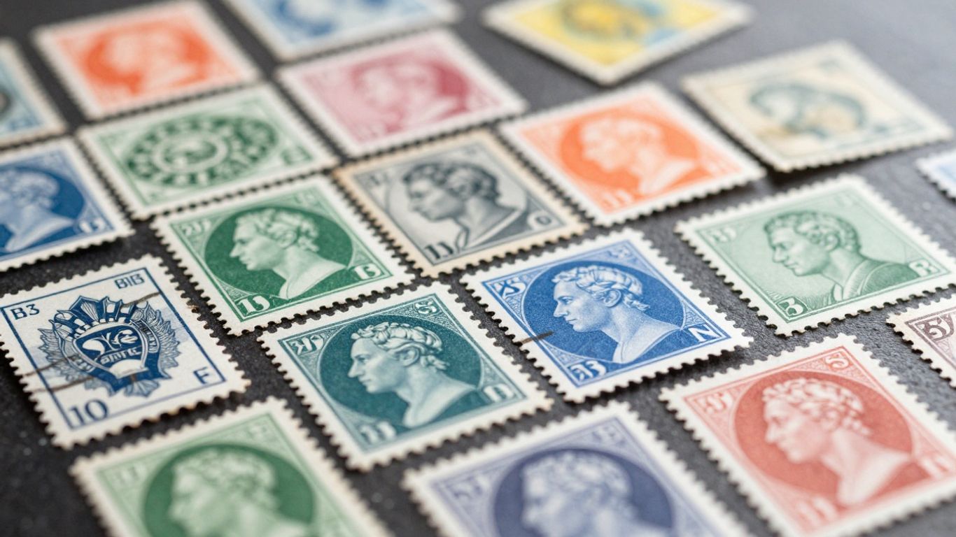 Collection of colorful postage stamps with intricate designs.