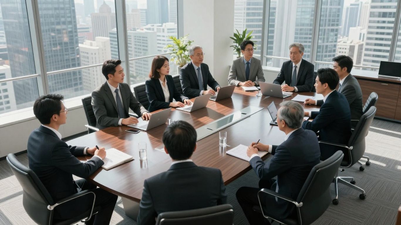 Corporate boardroom meeting with city skyline view