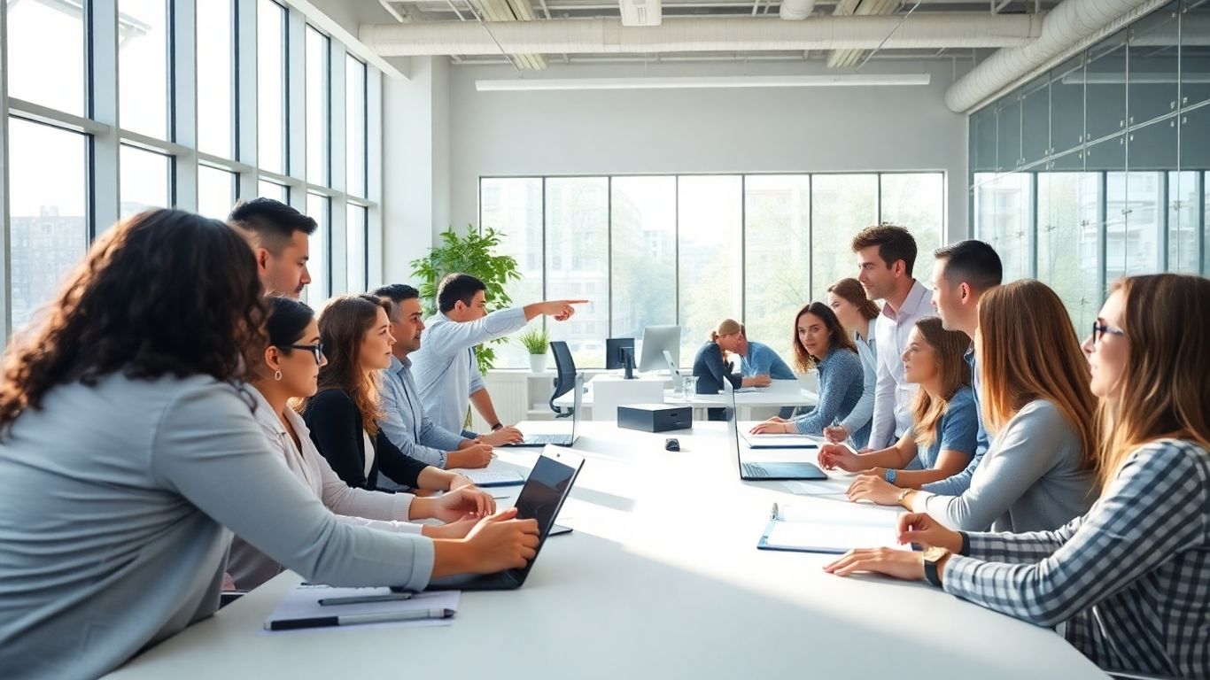 Diverse marketing professionals collaborating in a bright, modern office.
