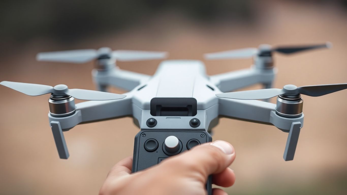 Drone controller in hand with drone in background.