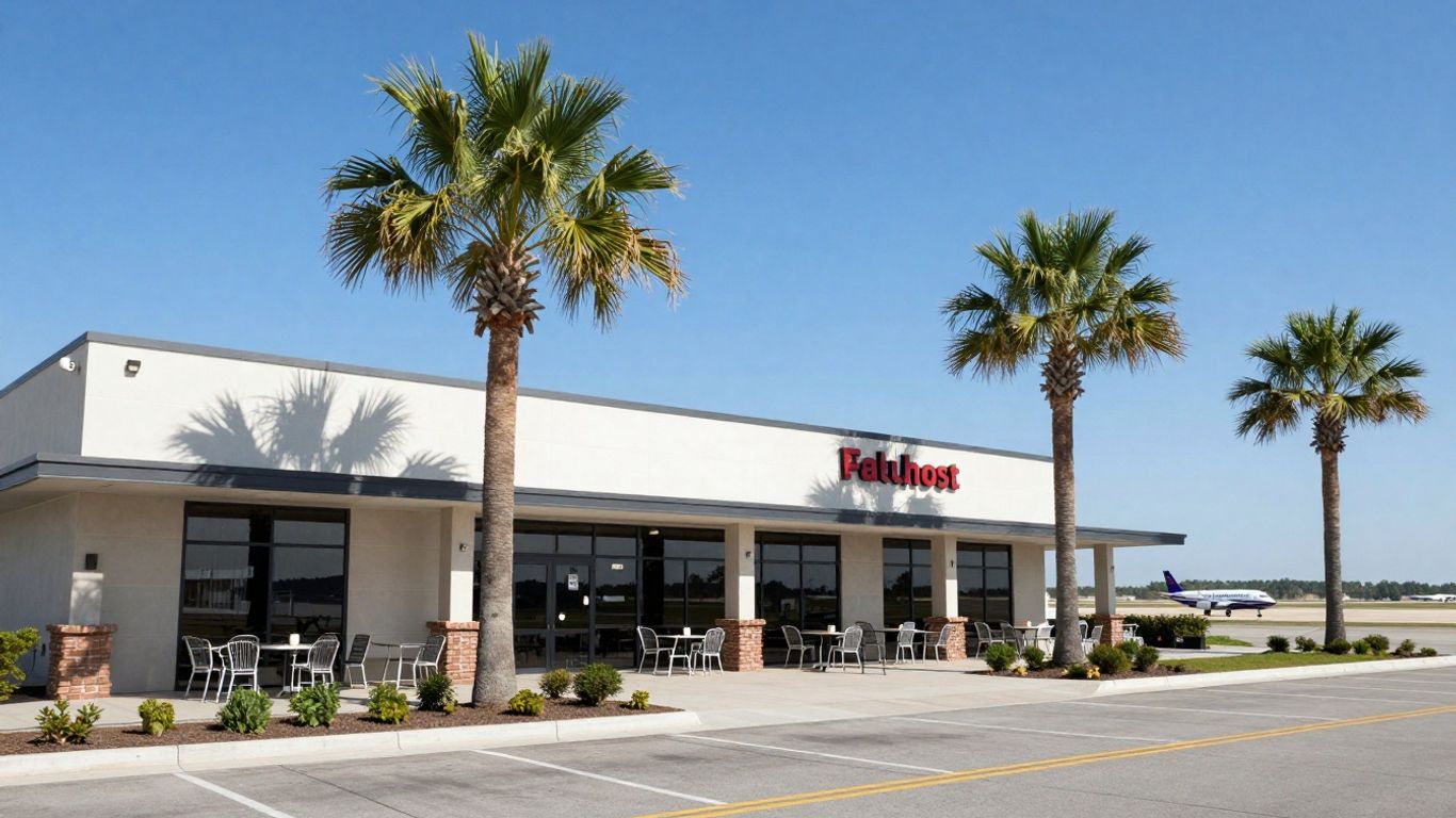 Labuan Bajo airport hotel exterior with palm trees and airplane.