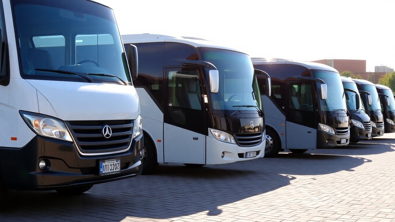 Modern minibuses and coaches ready for group transport.