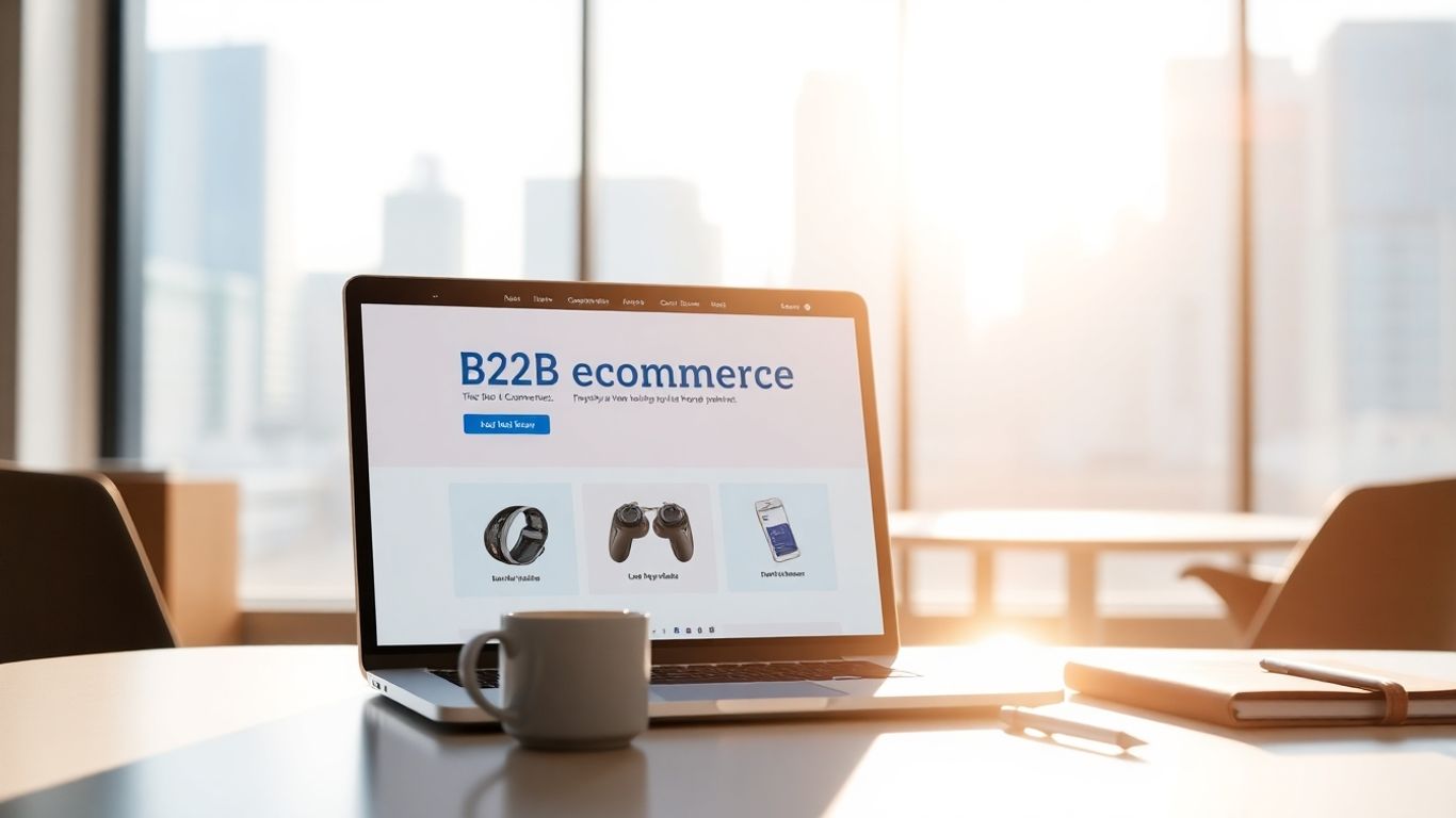 B2B eCommerce website on a laptop in an office.