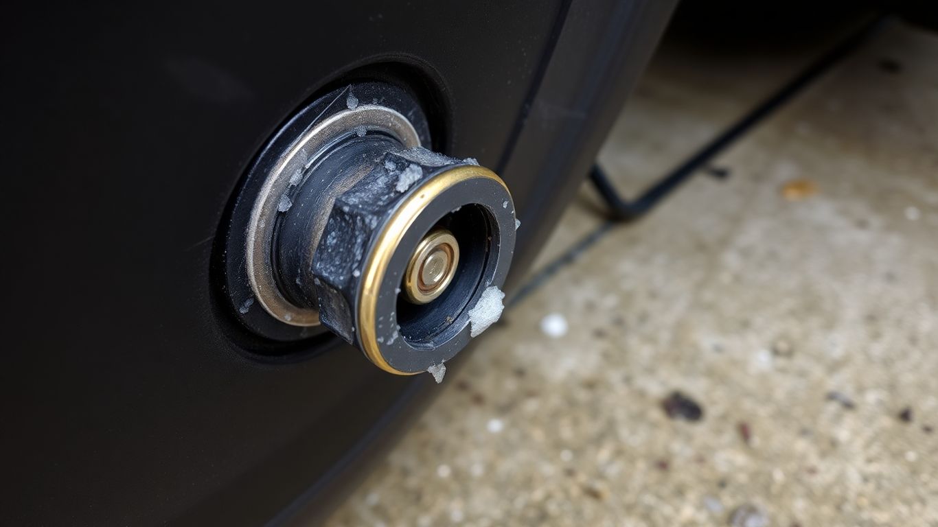 Gold tire valve cap with rust and salt residue