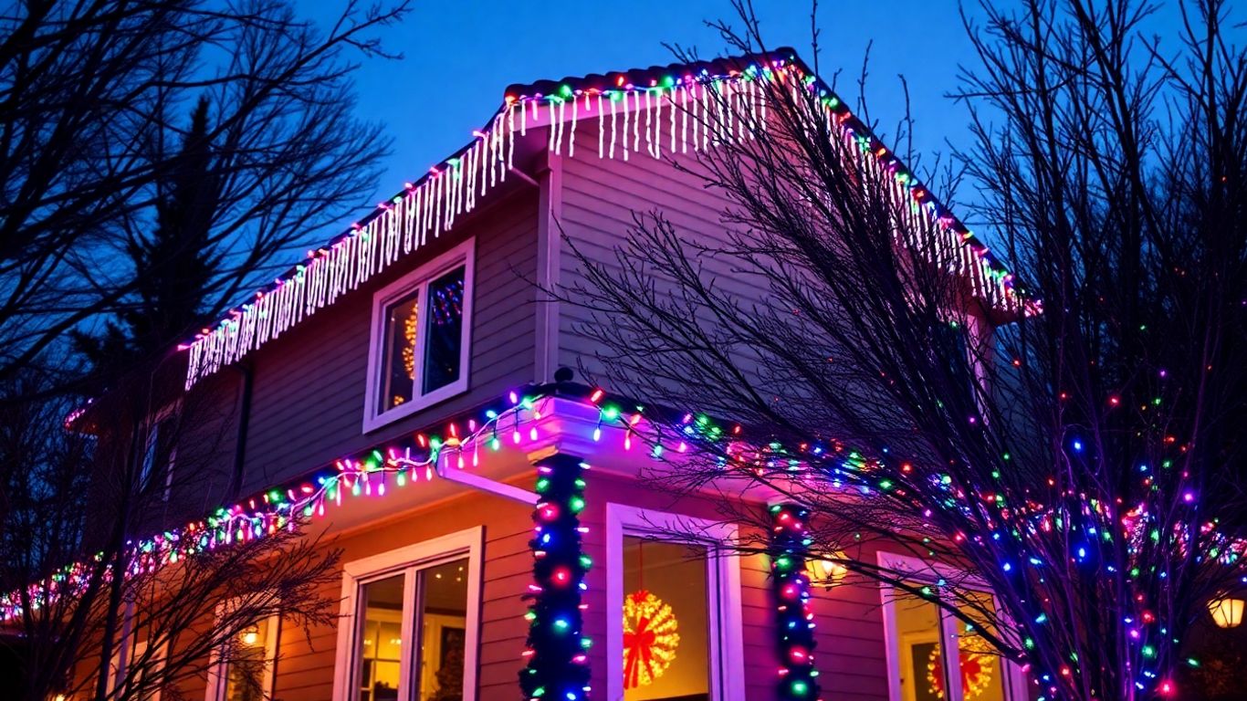 House decorated with colorful Christmas lights.