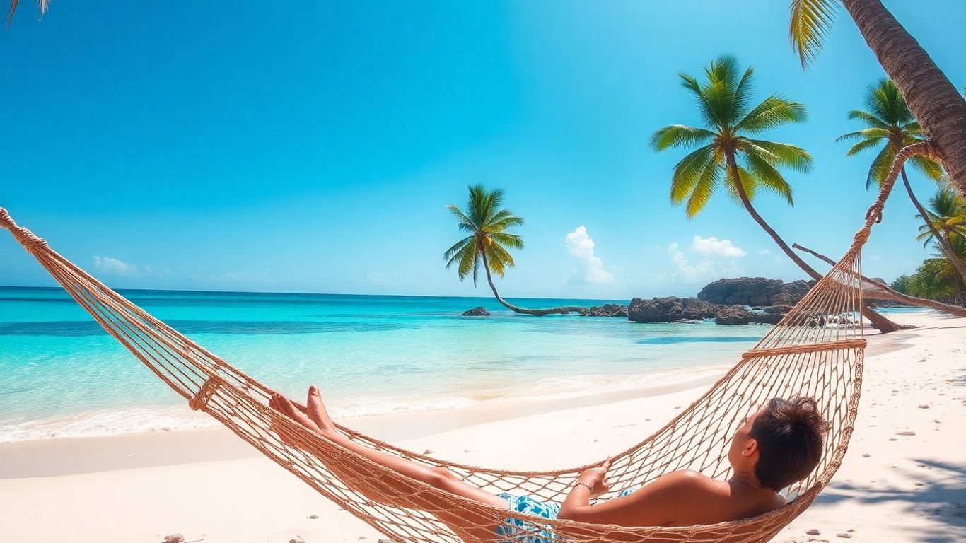 Słoneczna plaża z palmami i turkusową wodą.
