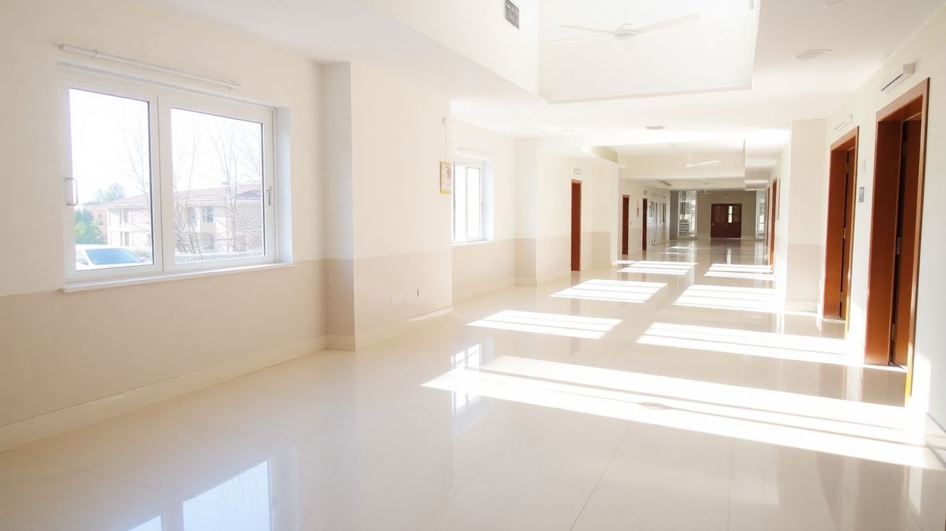 Clean apartment building hallway and common areas.