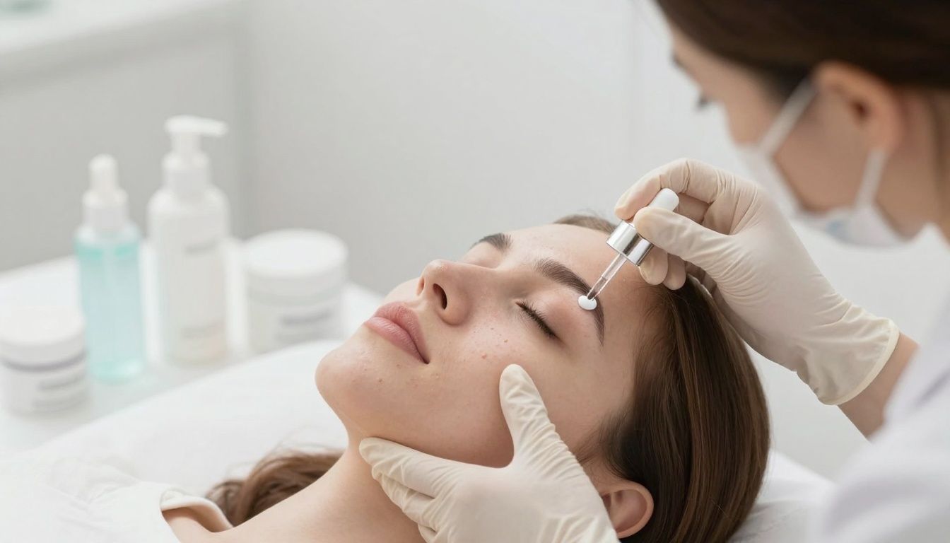 Pessoa aplicando cuidados suaves na pele para tratar espinhas, com um ambiente branco e produtos dermatológicos delicados