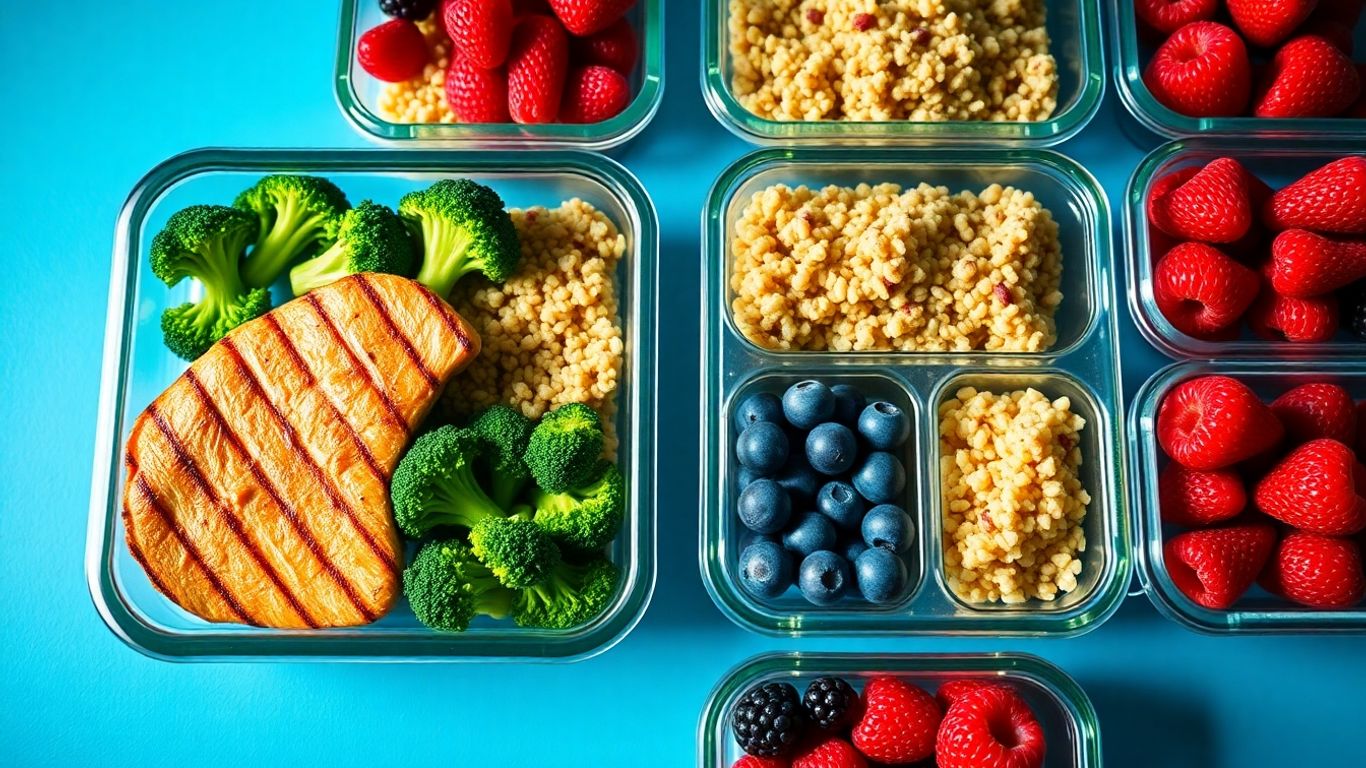 Healthy high-protein meal prep containers with chicken and vegetables.