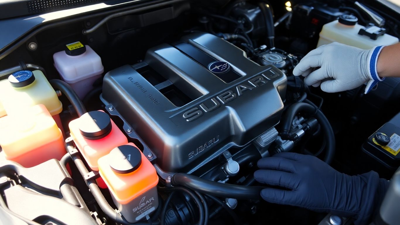 Subaru engine bay with clean, shiny parts.