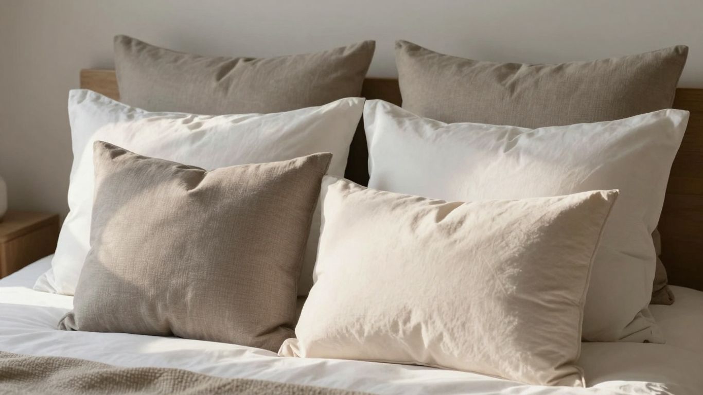Neatly arranged bed pillows with various textures and sizes.