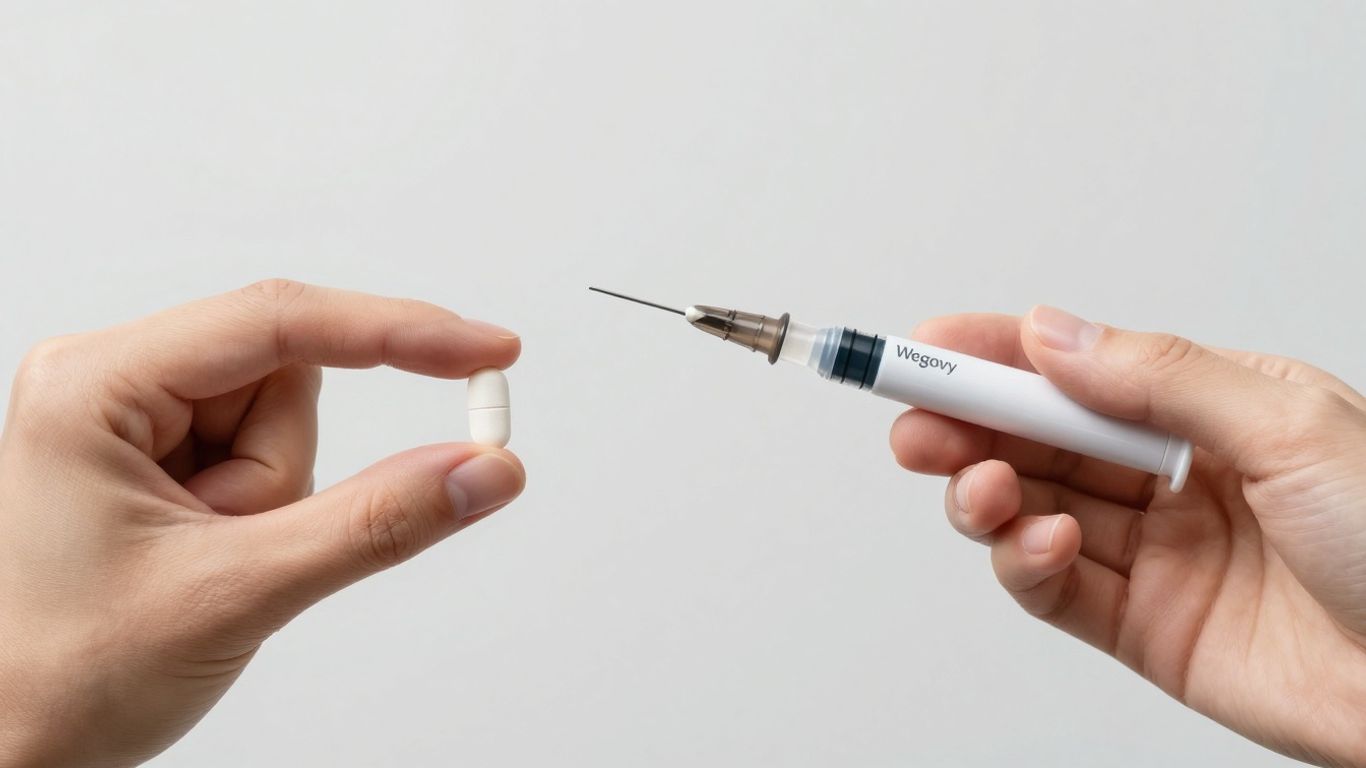 Wegovy pill and weight-loss injectable pen side-by-side.