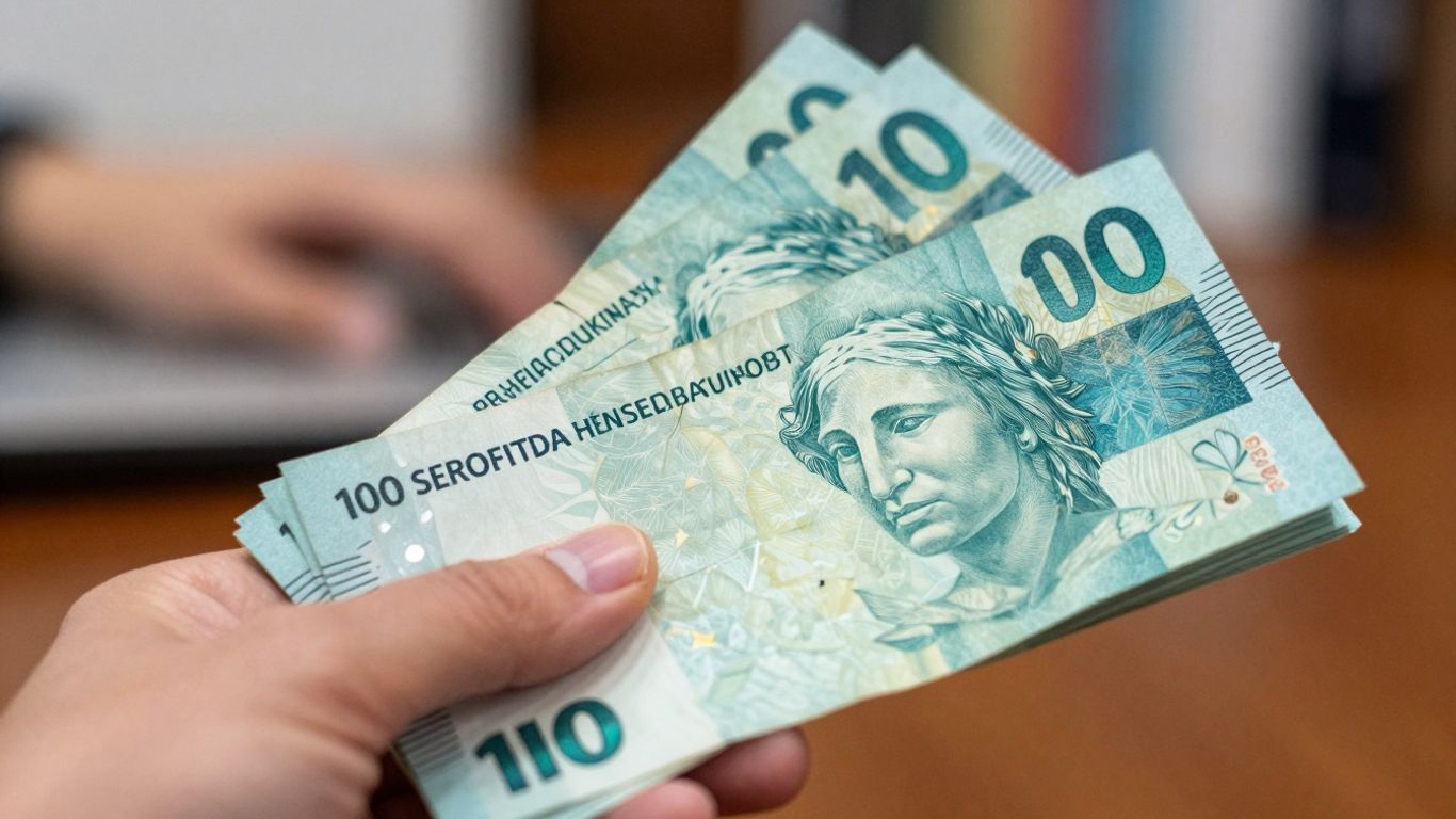 Mão segurando dinheiro do programa Pé-de-Meia.