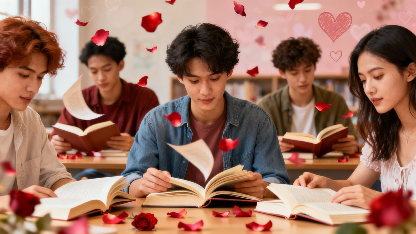 Young adults reading romance books with romantic lighting.