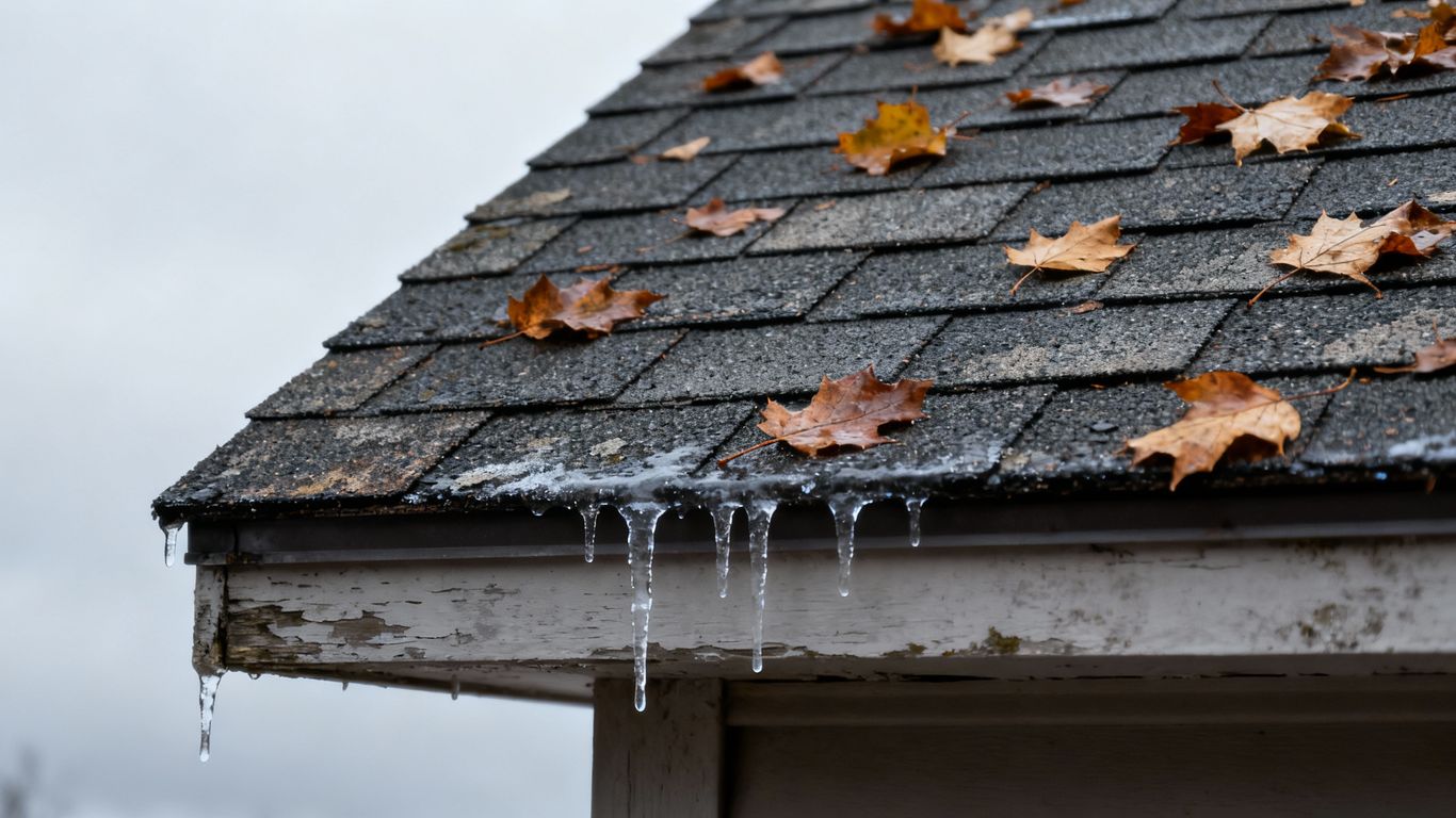Roof with fall leaves and icicles in cold weather.