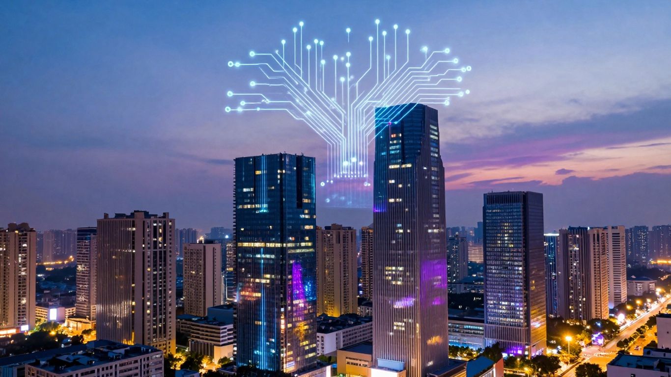 Futuristic cityscape with glowing digital streams and holographic circuits.