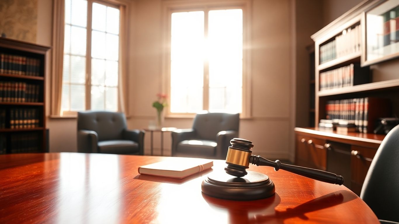 Lawyer's office with legal books and gavel.