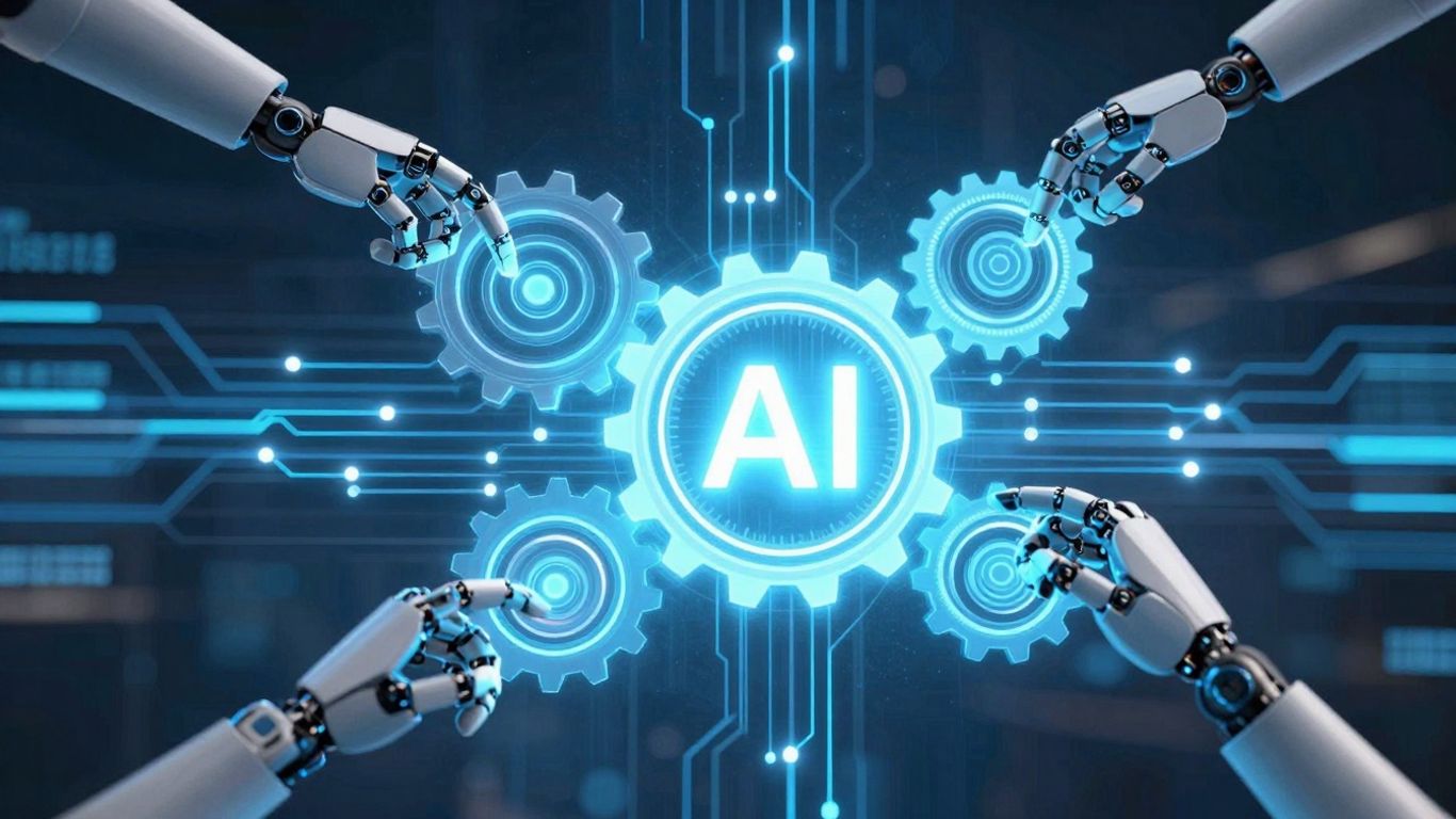 AI automation software infographic with gears and circuits.