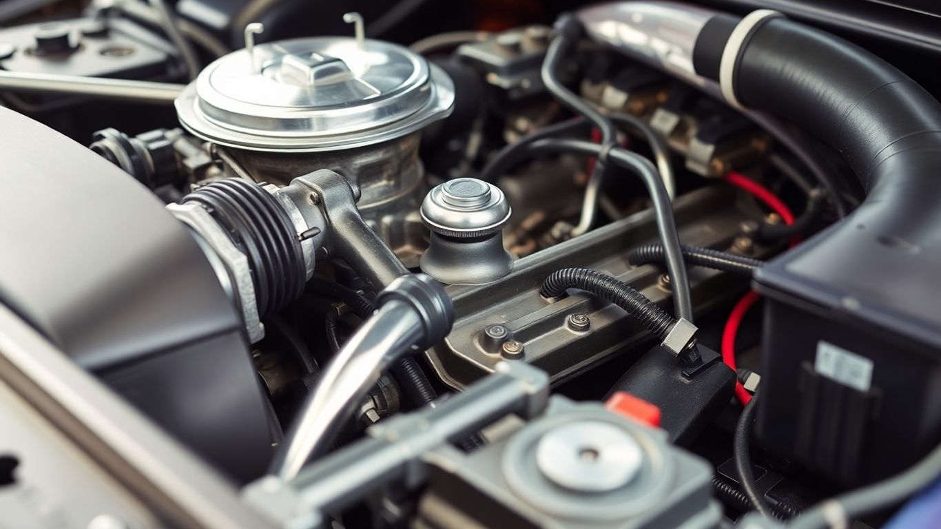 Car engine close-up with visible components.