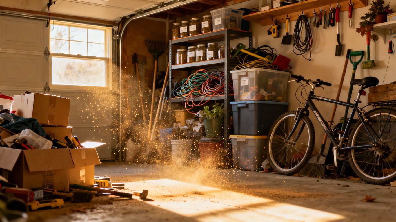 Cluttered garage with storage bins and tools before winter.