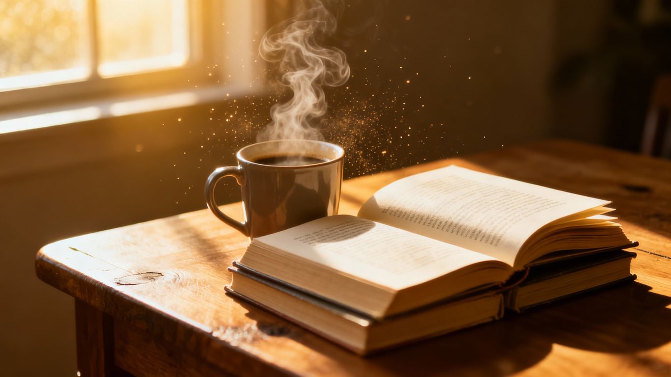 Stack of books with coffee, bathed in sunlight.