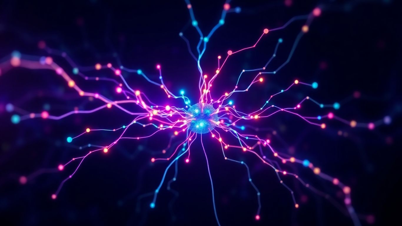 Glowing neural network with colorful light trails.