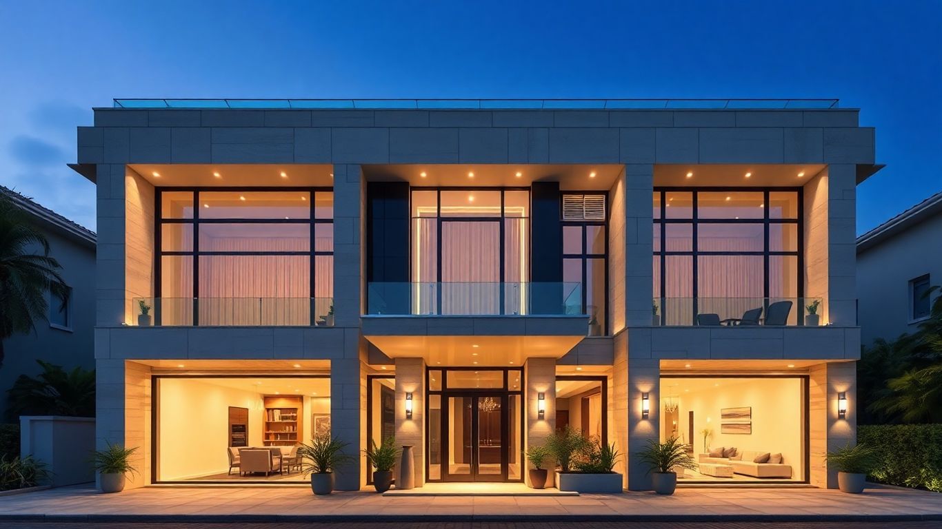 Fachada de triplex luxuosa com design moderno e elegante.