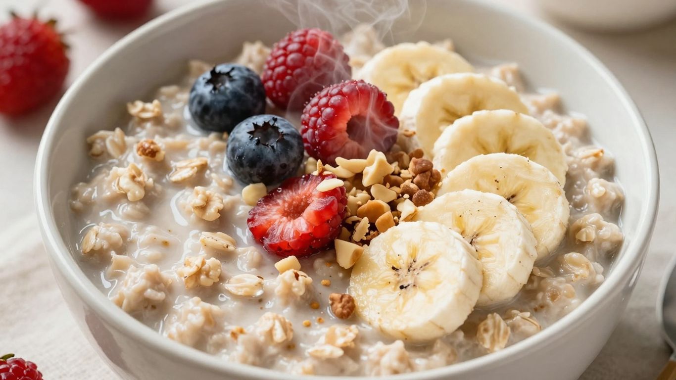 Bowl of healthy oatmeal with fresh fruit and nuts.