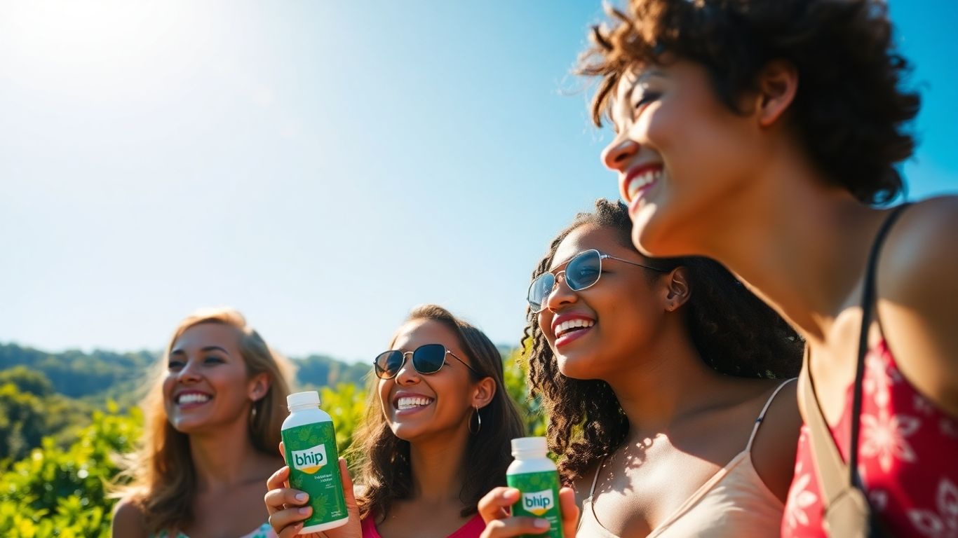 People smiling outdoors with Bhip product