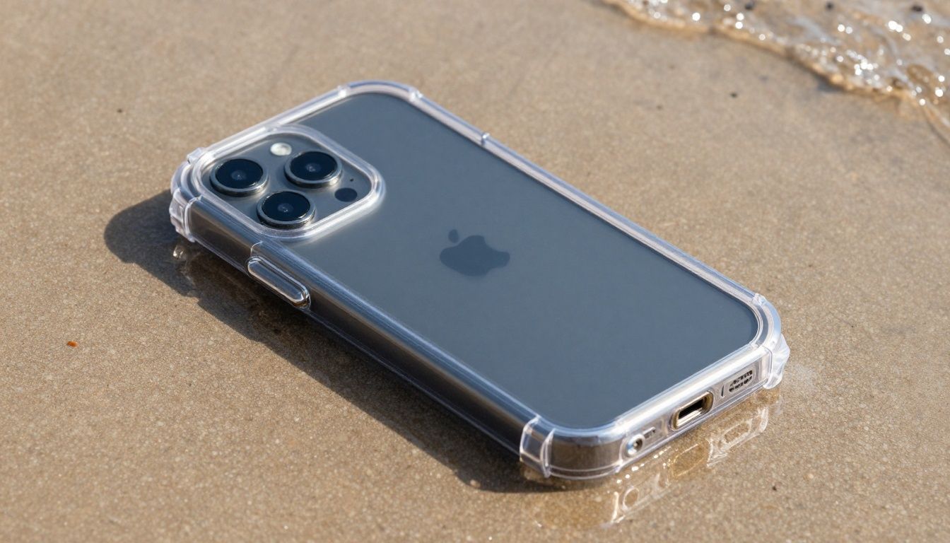 A neutral smartphone encased in a rugged, clear waterproof case resting on wet sand beside a shallow tide pool