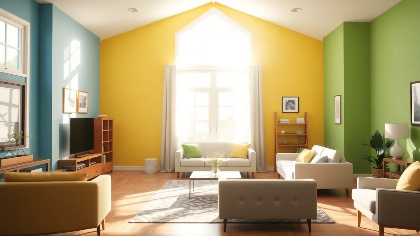 Colorful rooms with different painted walls in sunlight