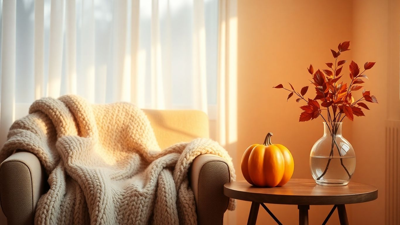 Cozy fall living room with candle and autumn decor.