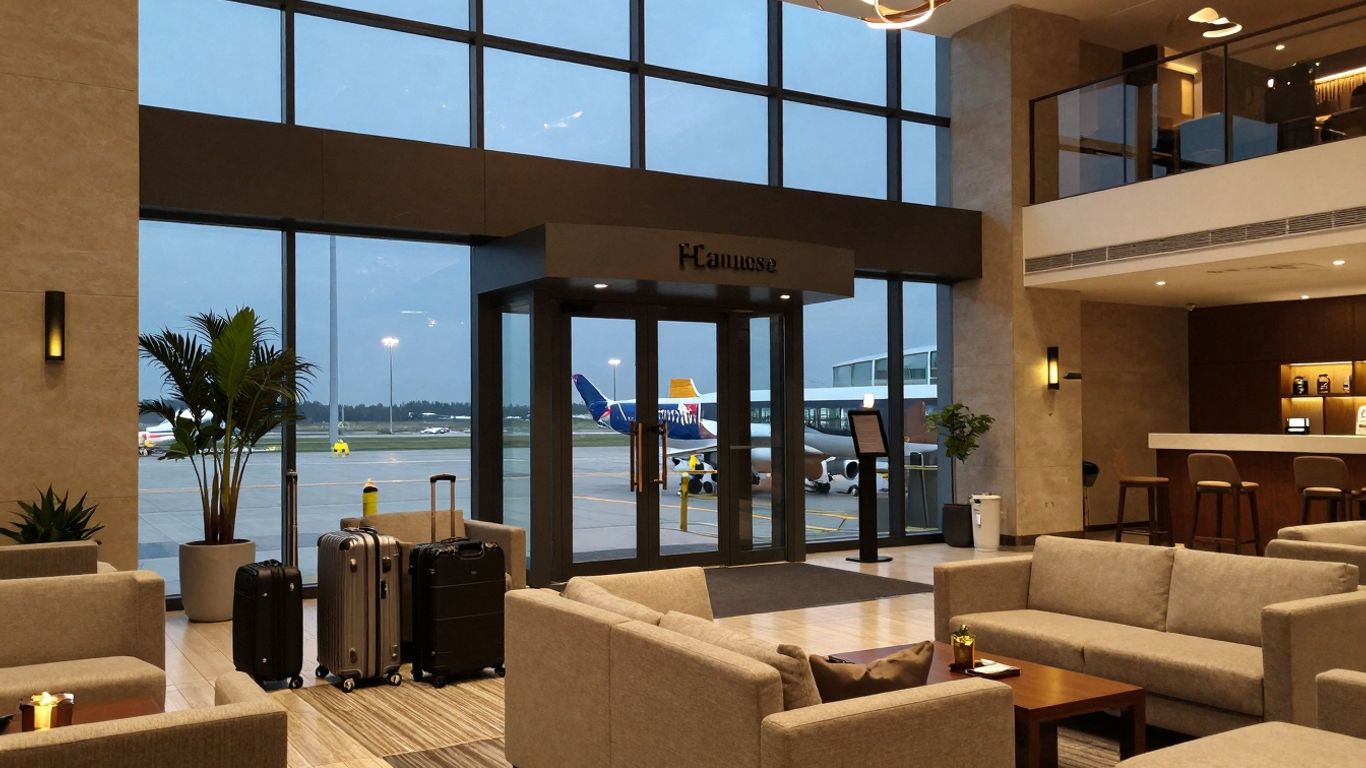 Komodo Airport hotel lobby with comfortable seating and tarmac view.