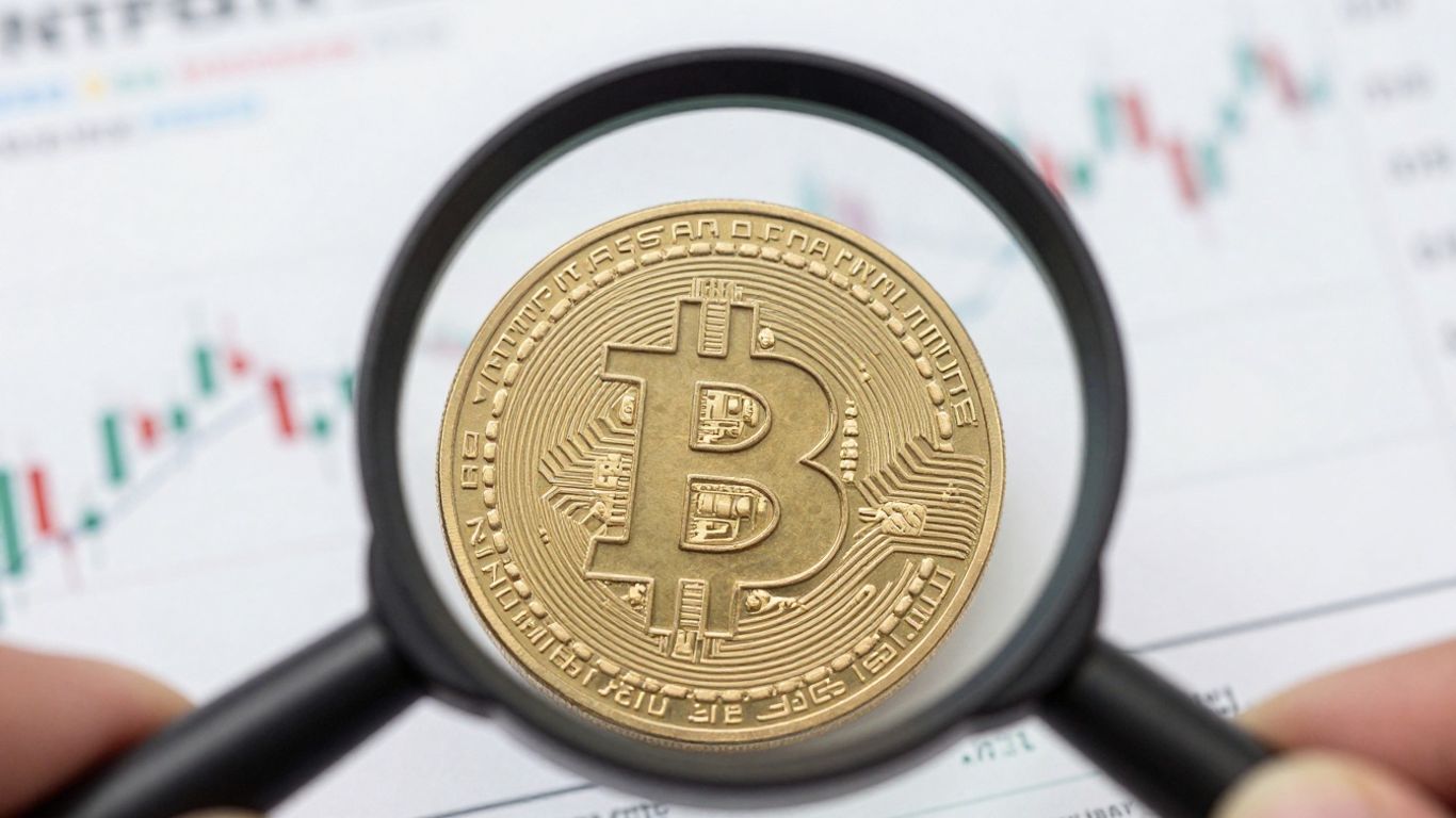 Bitcoin coin with magnifying glass and financial chart.