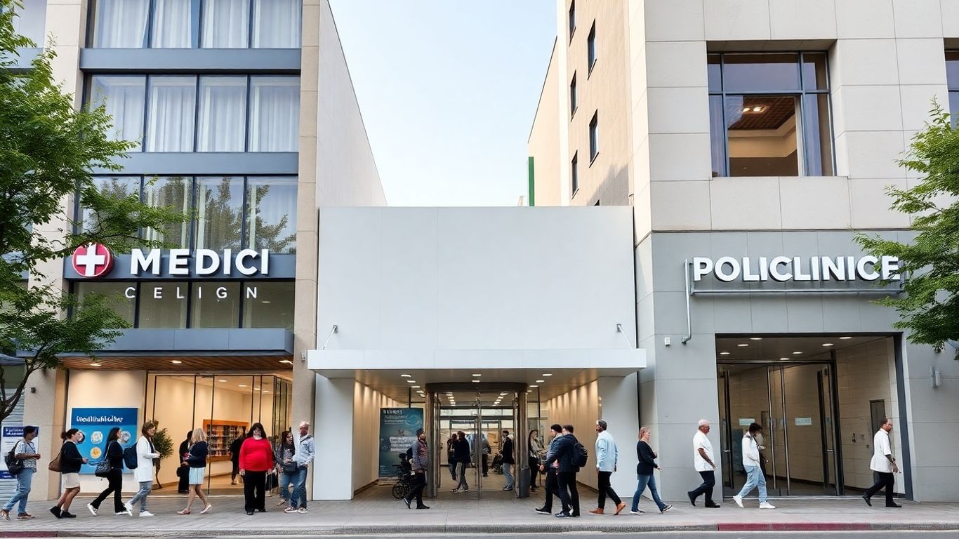 Clădiri medicale moderne și oameni la intrare, oraș urban.
