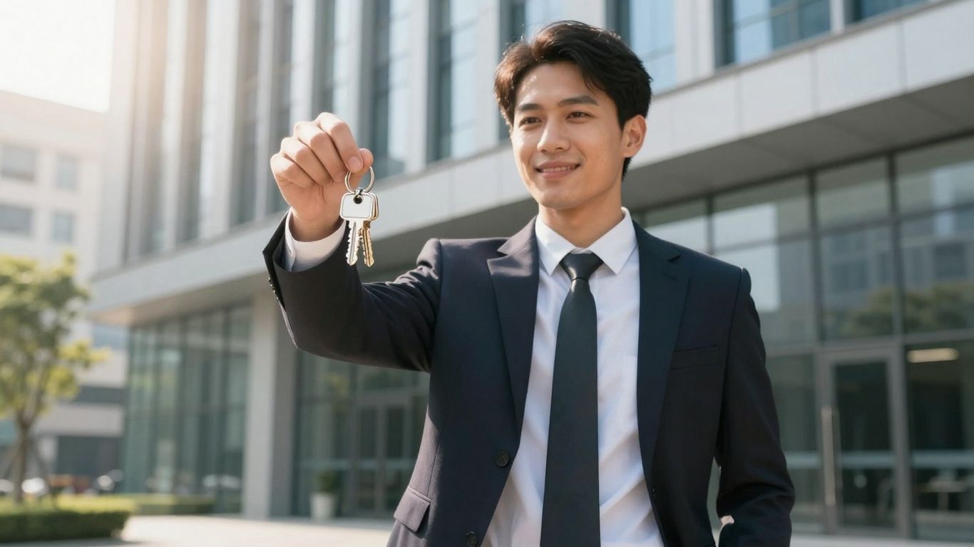 Real estate agent with keys in front of office building.