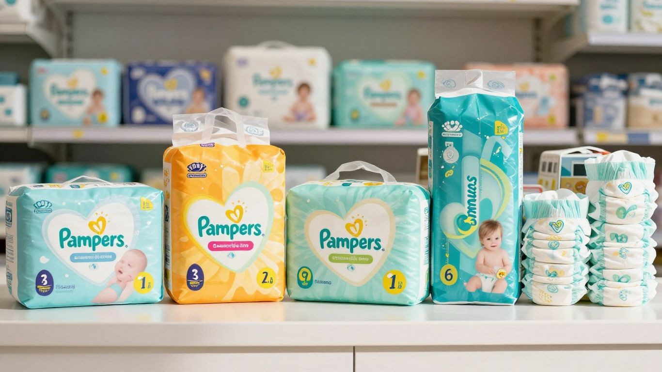 Emballages de couches Pampers en exposition